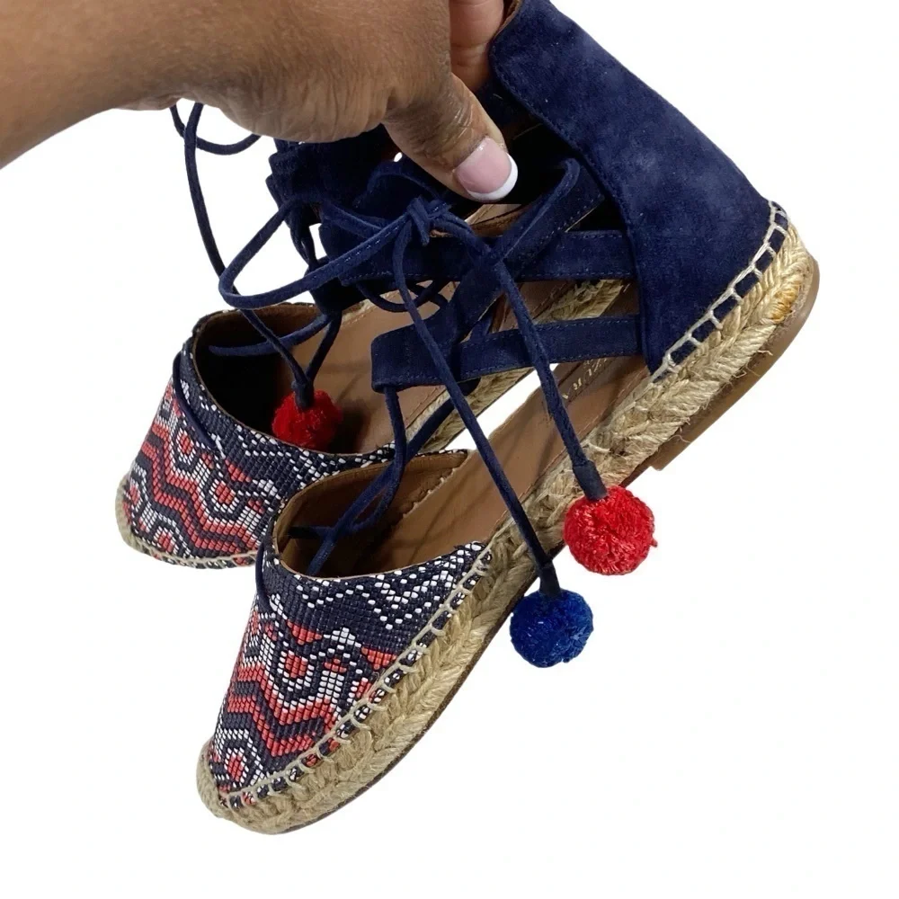 AQUAZZURA Belgravia Blue Suede Pom Pom Raffia Embroidered Woven Espadrilles